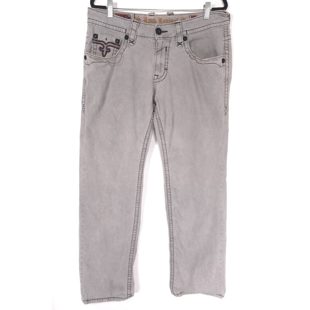 ROCK REVIVAL Men’s Straight Jeans 34x31 Embroidered Gray Rocker Biker EP062-EJ1L